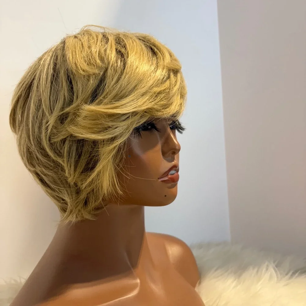 Womens Blonde Short Pixie Cut Bob Wig Side Swept Bangs Layered Hairpiece